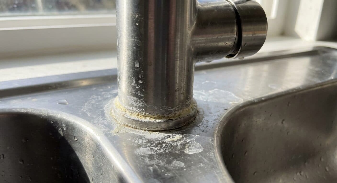 Limescale buildup around a kitchen tap caused by hard water